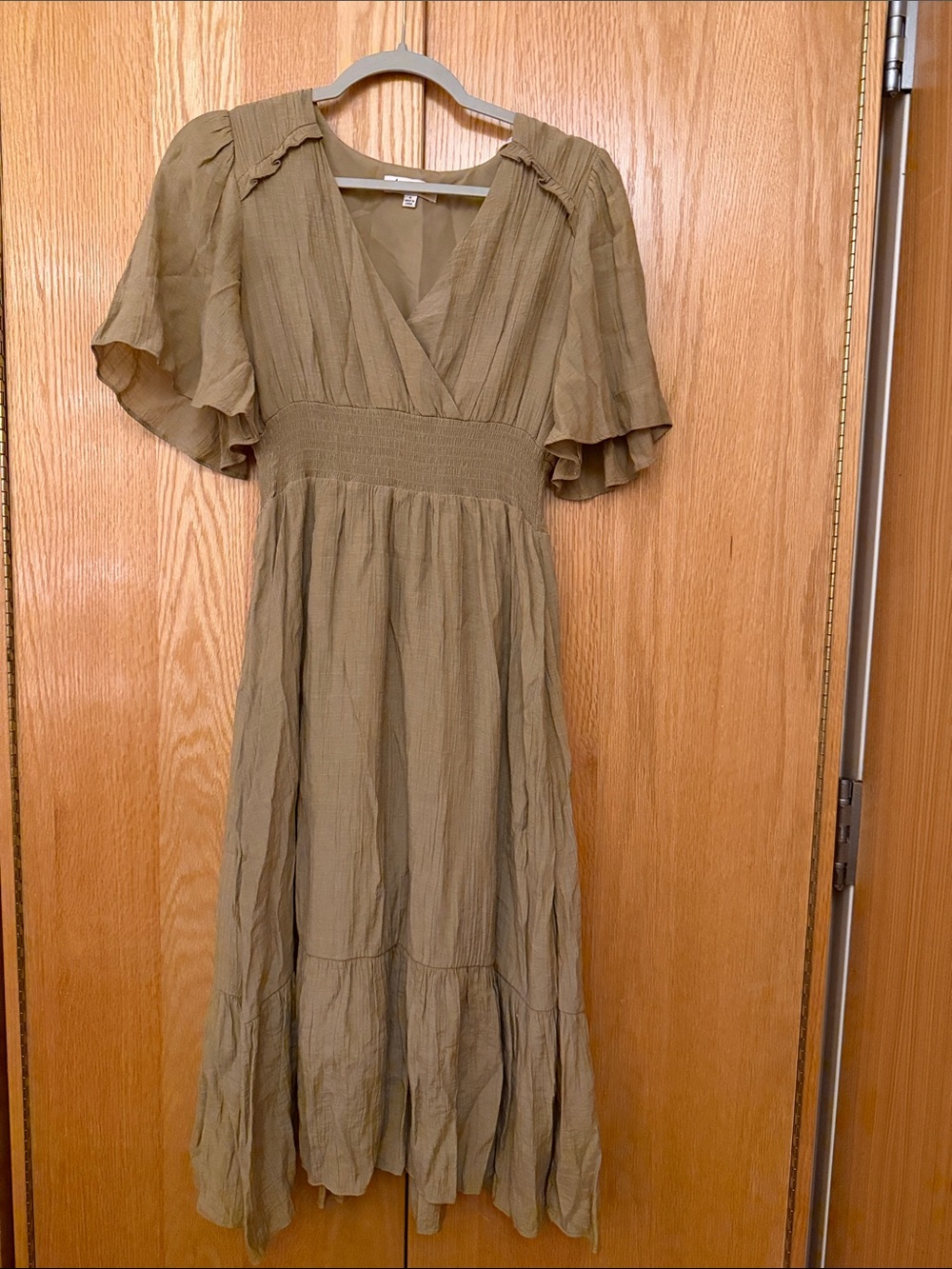 Nanette Lepore Olive Green Midi Dress with Smocked Waist